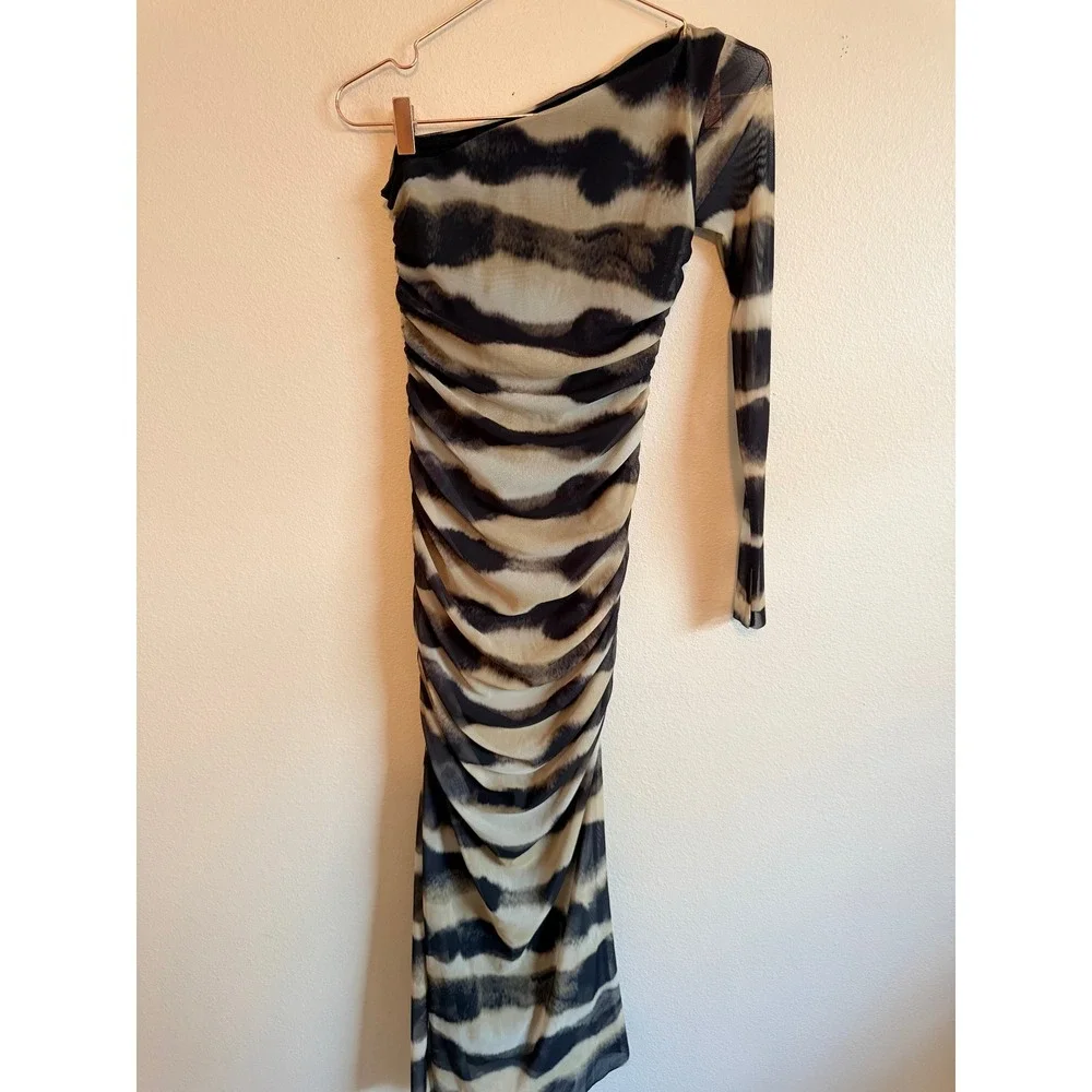 Zara Dress Women Small Black Tan One Shoulder Ruched Mesh Tie Dye Midi Bodycon - Picture 8 of 10